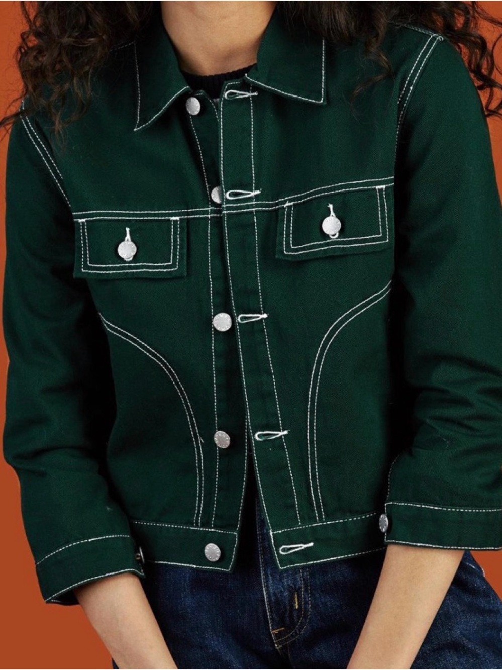 UNIF Green Denim Jacket Contrast White Topstitching Silver-Tone Buttons Small